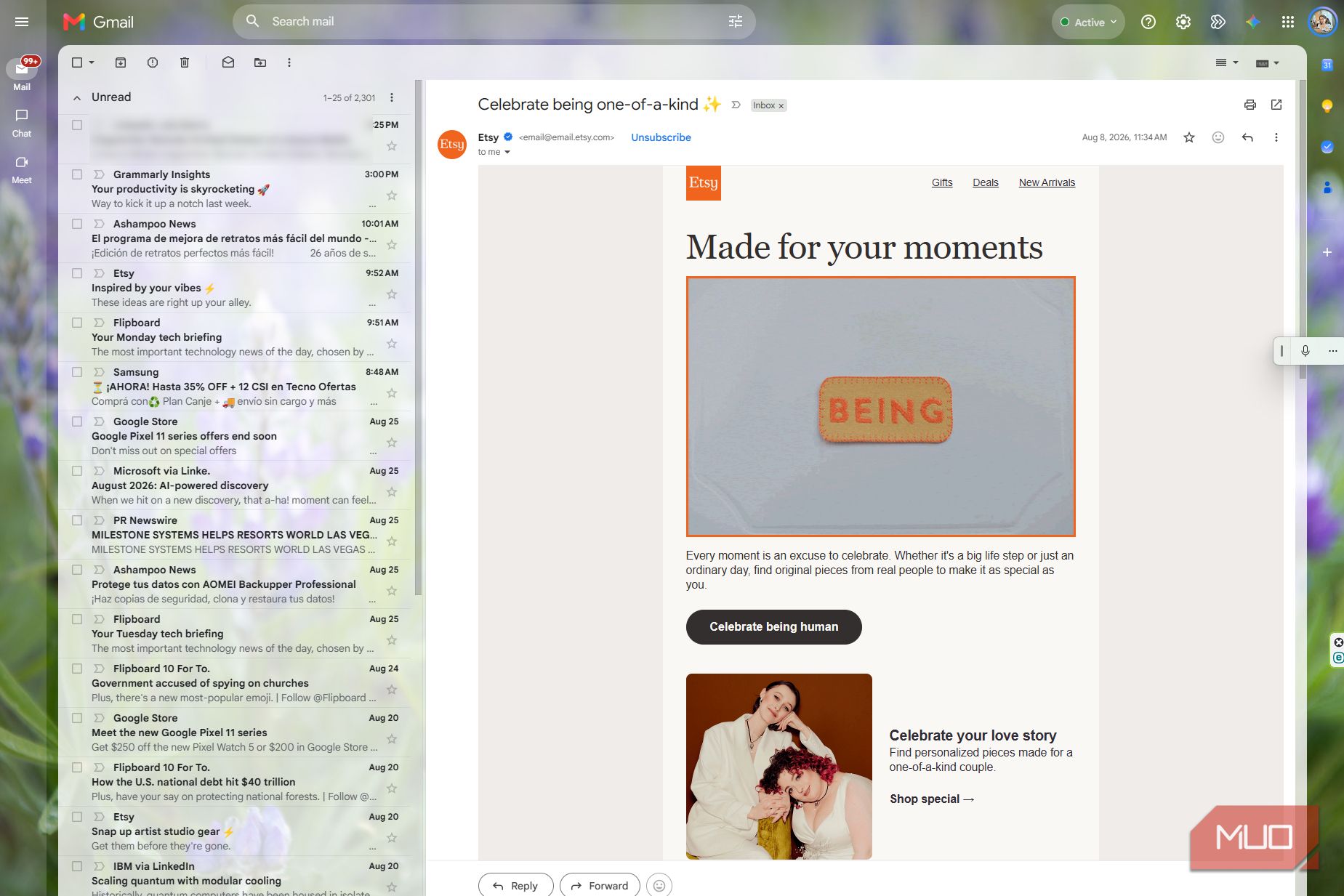 Gmail with both side panels hidden, showing an Etsy newsletter across a wider reading area with more room for the email content