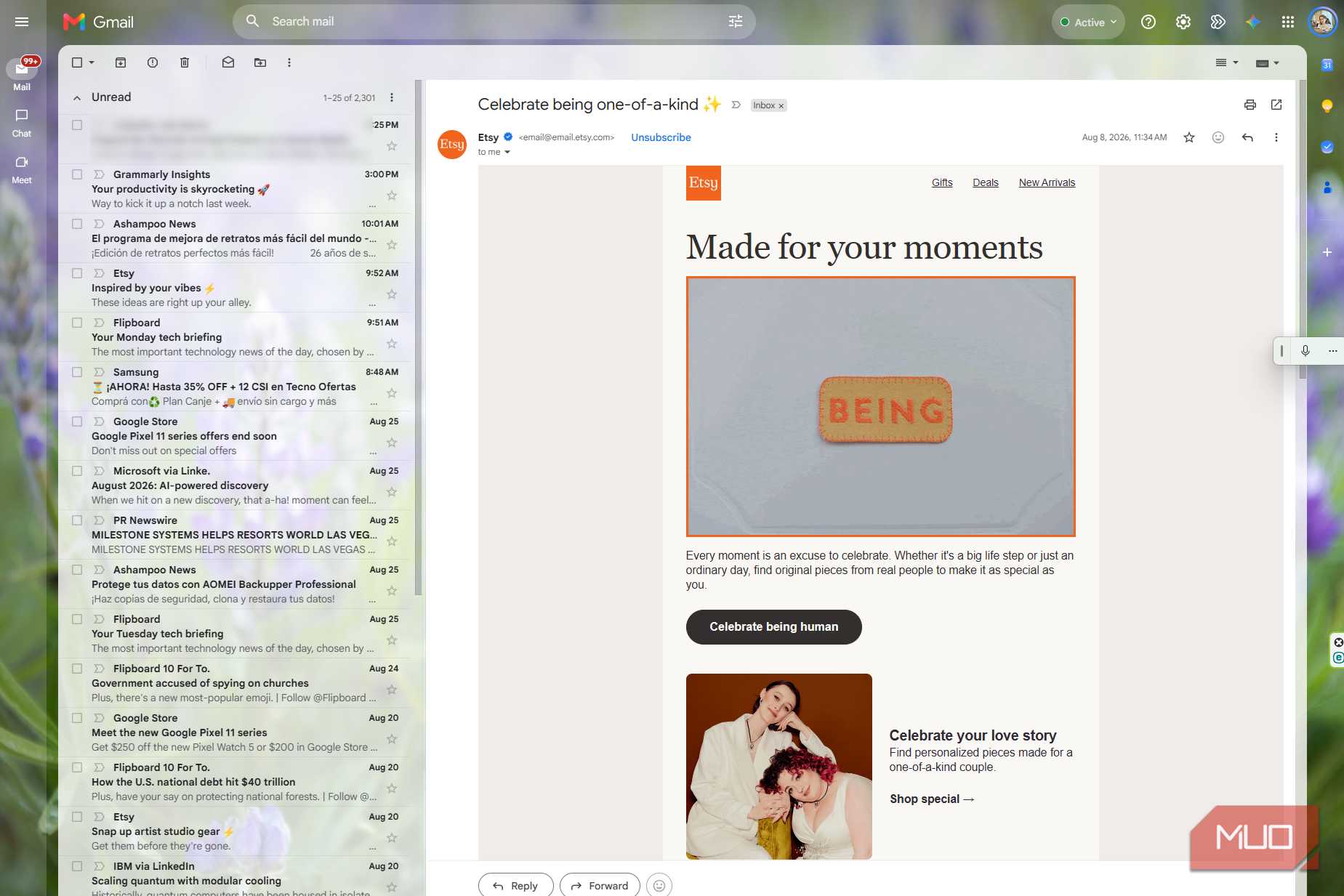 Gmail with both side panels hidden, showing an Etsy newsletter across a wider reading area with more room for the email content