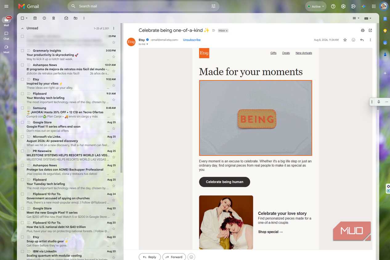 Gmail with both side panels hidden, showing an Etsy newsletter across a wider reading area with more room for the email content