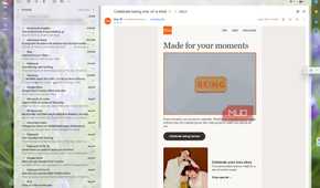 Gmail with both side panels hidden, showing an Etsy newsletter across a wider reading area with more room for the email content