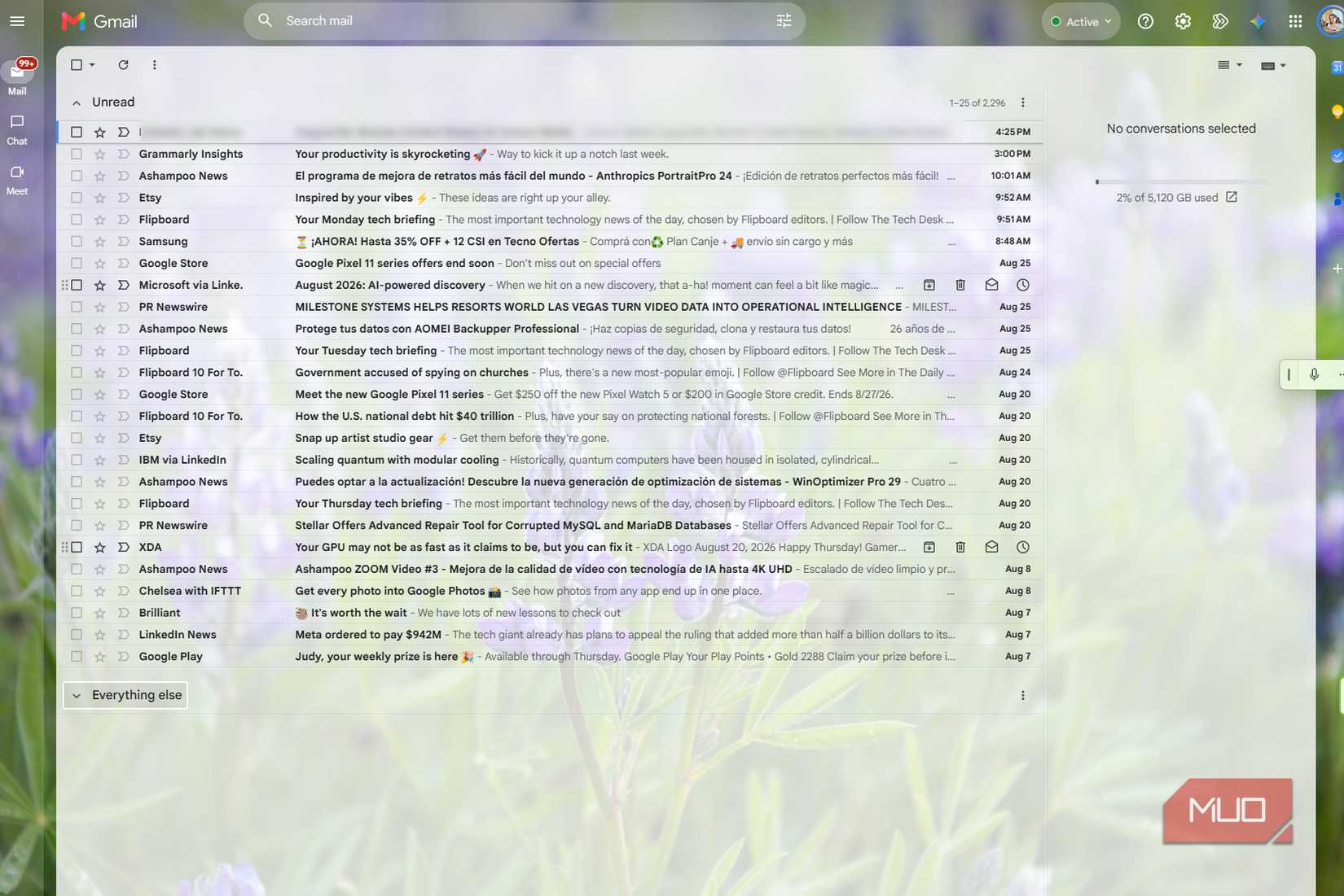 Gmail inbox with both side panels hidden, showing longer subject lines and preview text across more of the message list
