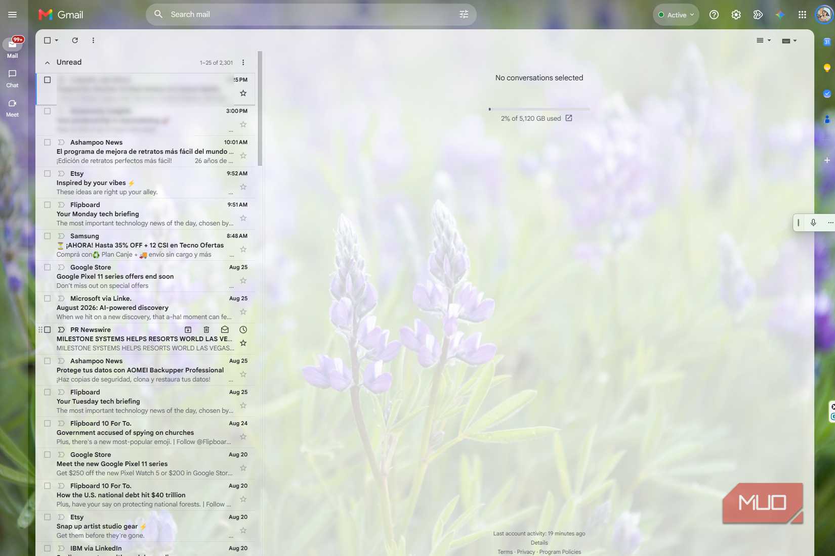 Gmail with both side panels hidden and no email selected, leaving a cleaner inbox with fewer distractions on screen