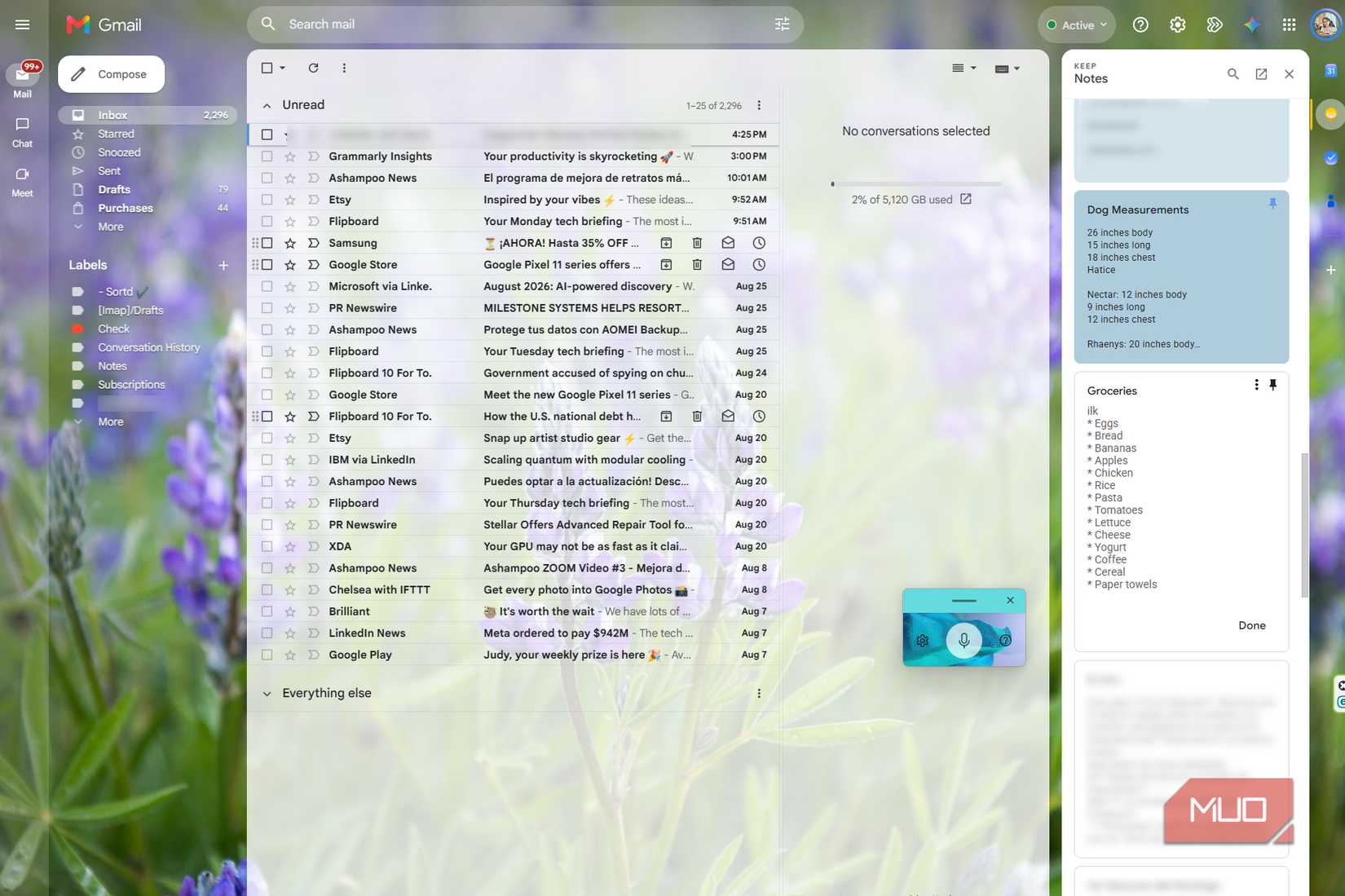 Gmail with the left navigation open and Google Keep visible on the right, showing a grocery list along side the inbox
