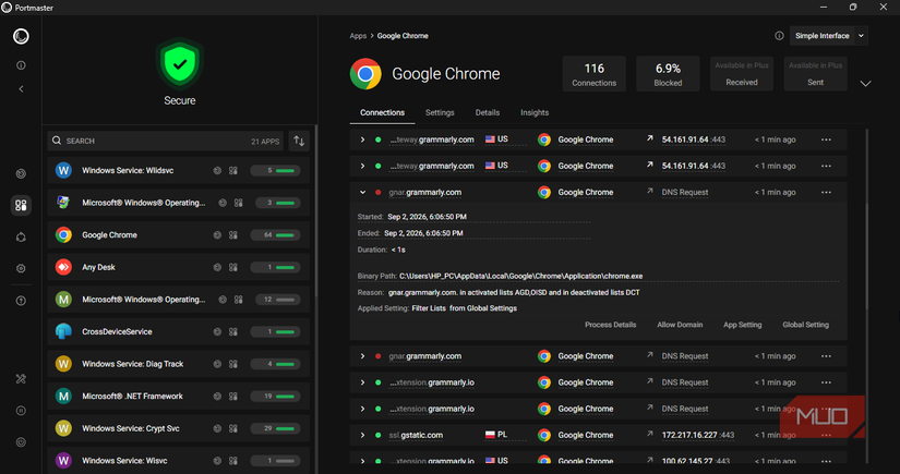gnar.grammarly.com-Chrome-Portmaster-blocked-network-connection