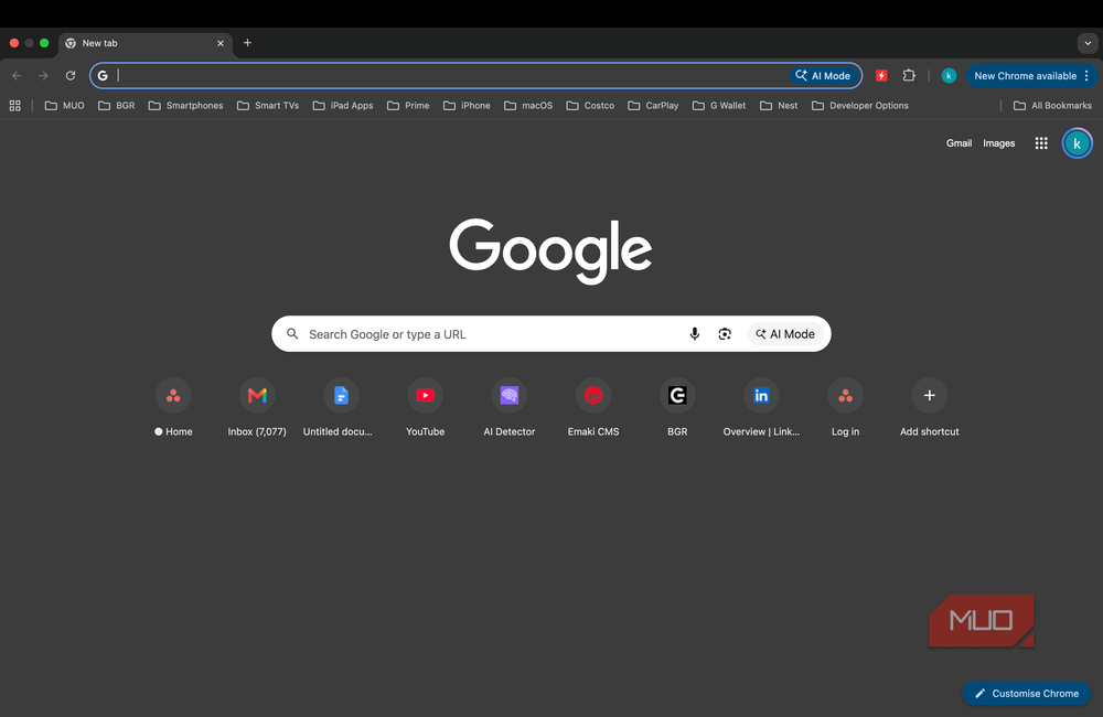 Окно браузера Google Chrome с новой пустой вкладкой