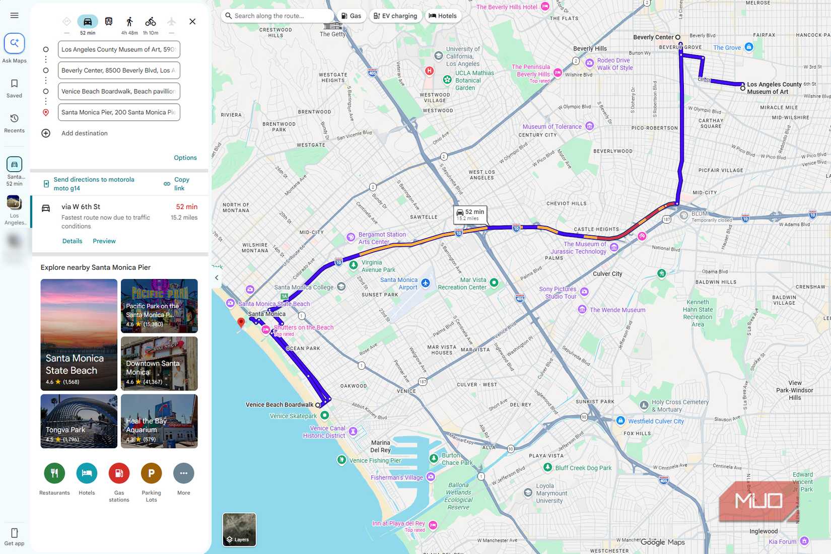 Google Maps multi-stop route with LACMA, Beverly Hills, Venice Beach Boardwalk, and Santa Monica Pier listed in order