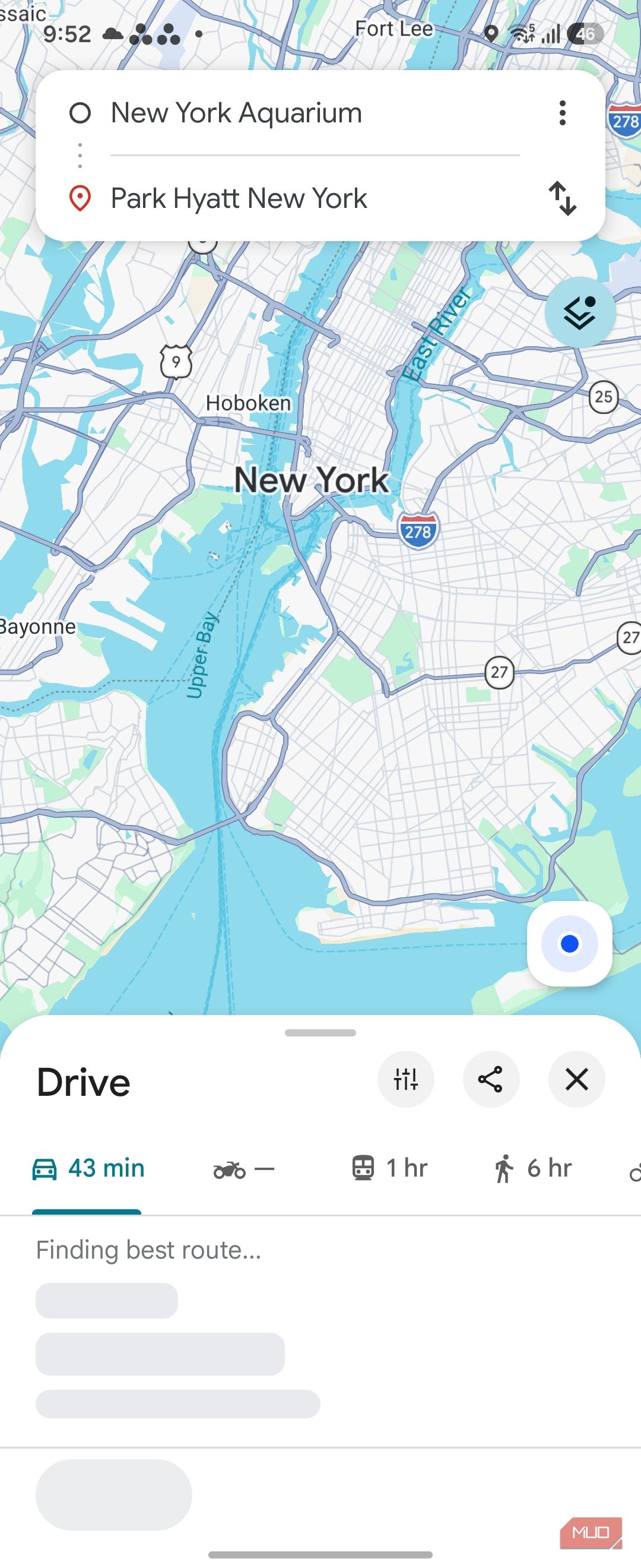 google maps route new york aquarium to park hyatt new york