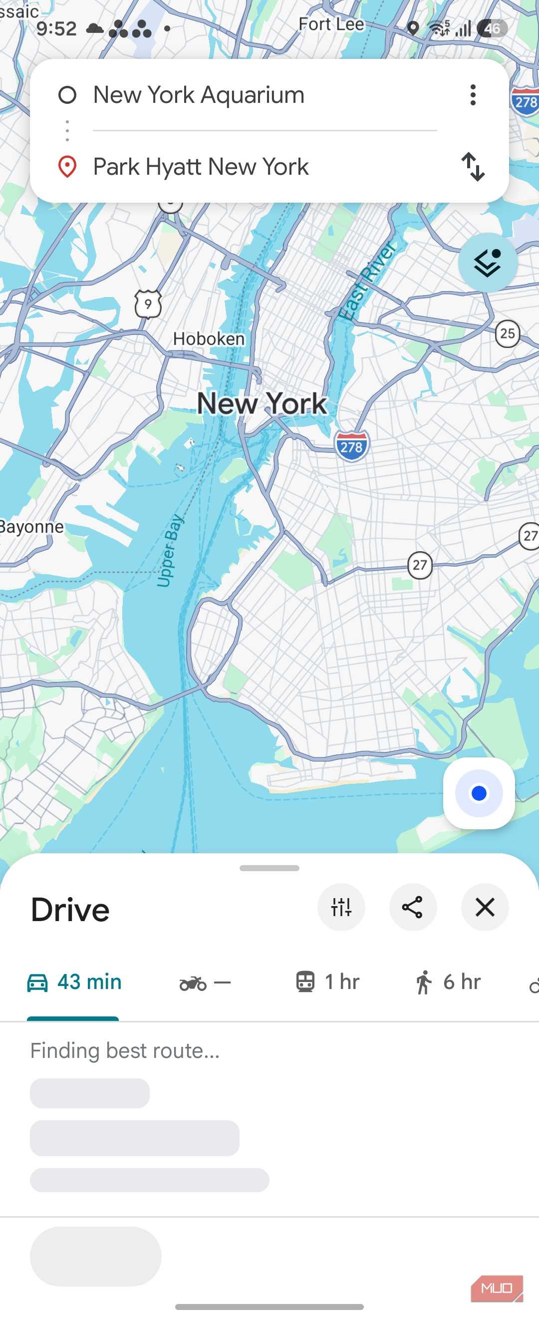 google maps route new york aquarium to park hyatt new york