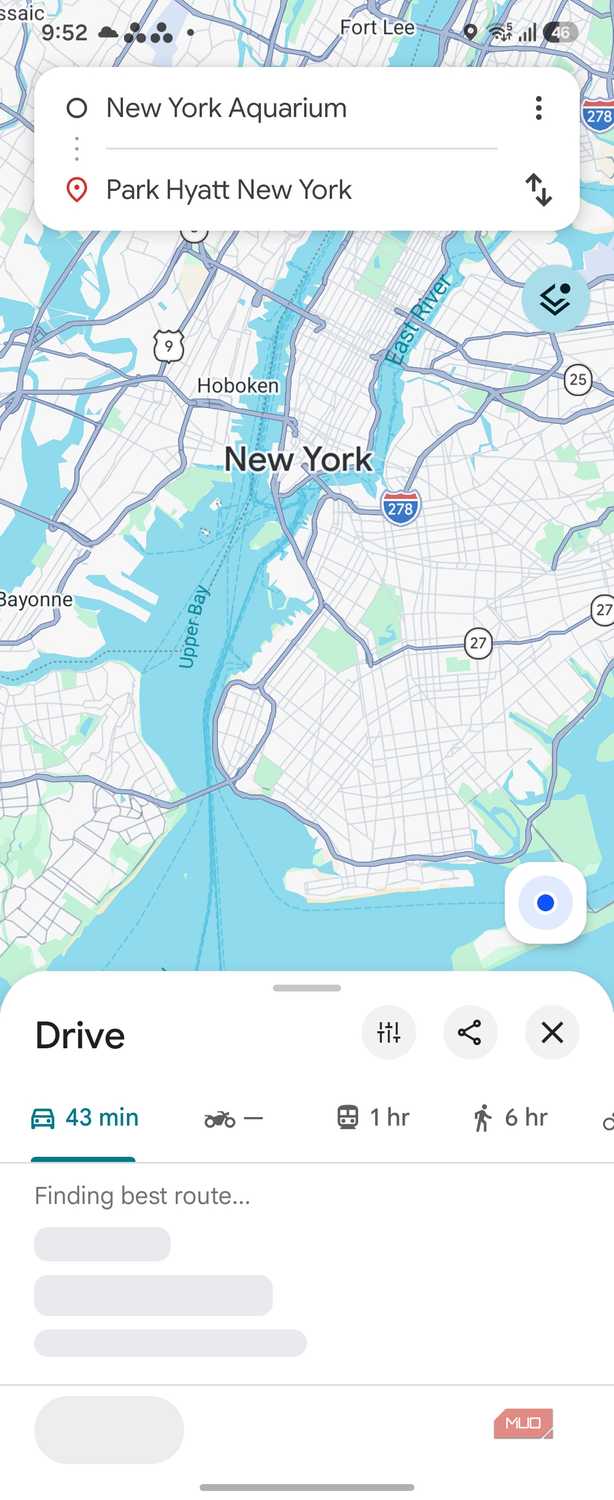 google maps route new york aquarium to park hyatt new york