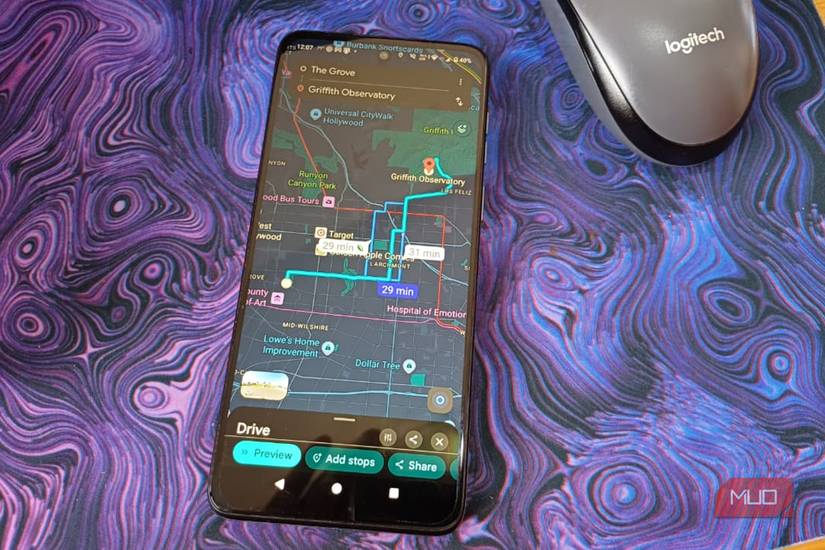 Google Maps route preview from The Grove to Griffith Observatory with travel time showing