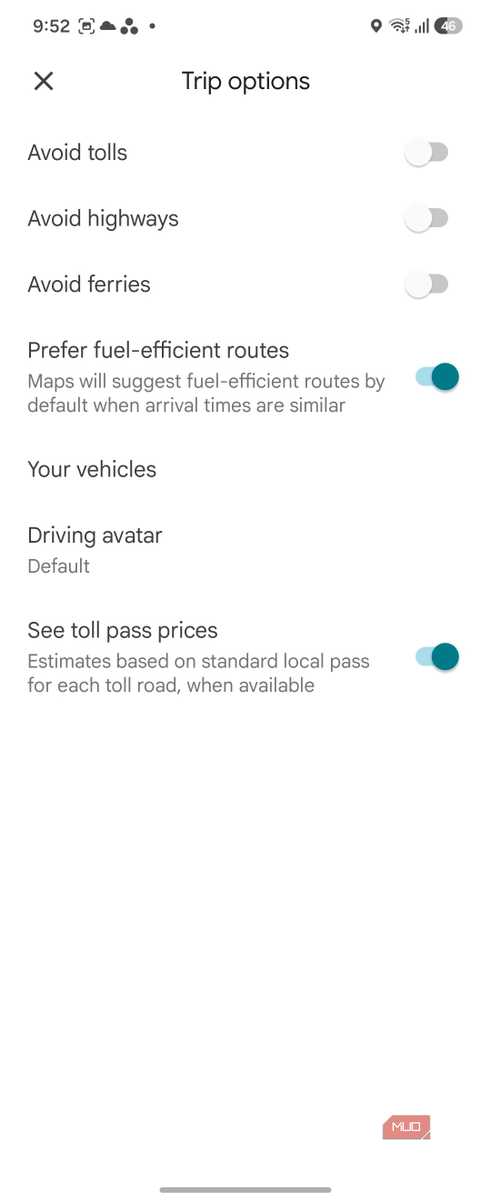 Меню настроек навигации Google Maps интерфейс настроек навигации на Android-смартфоне