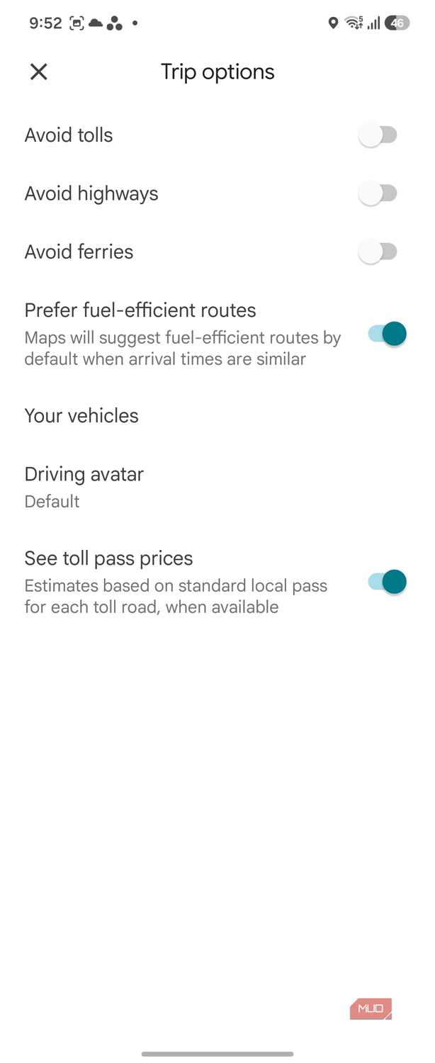 google maps trip options preferences screen with route and vehicle settings