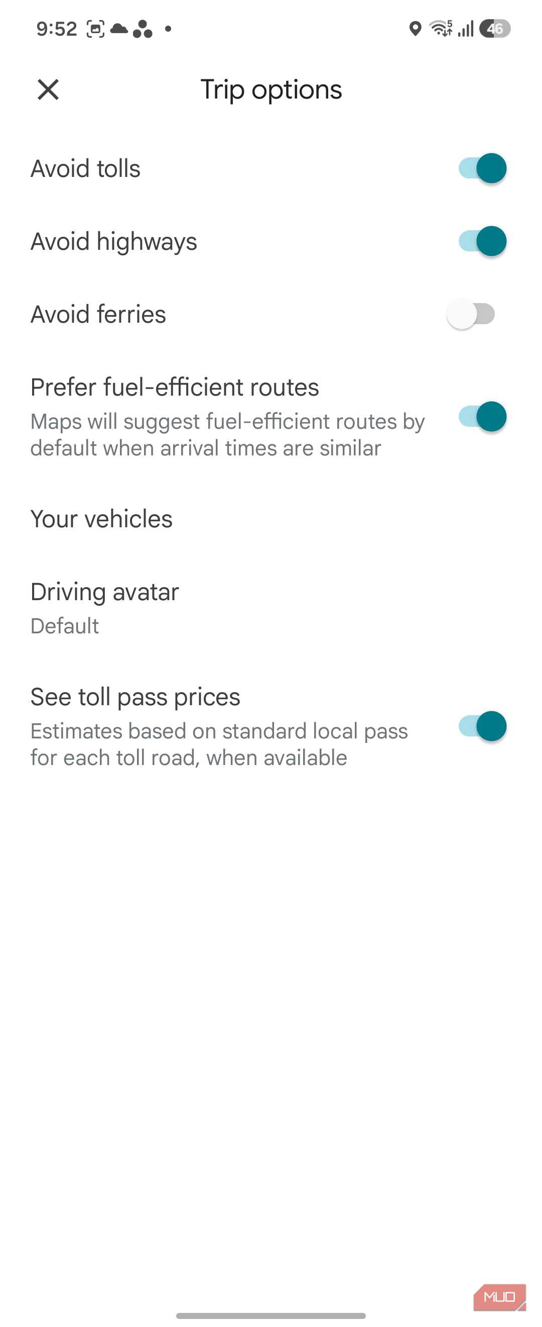 google maps trip options settings screen with route preferences