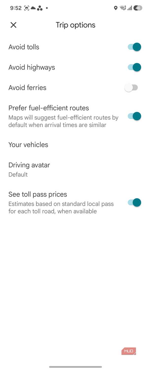 google maps trip options settings screen with route preferences