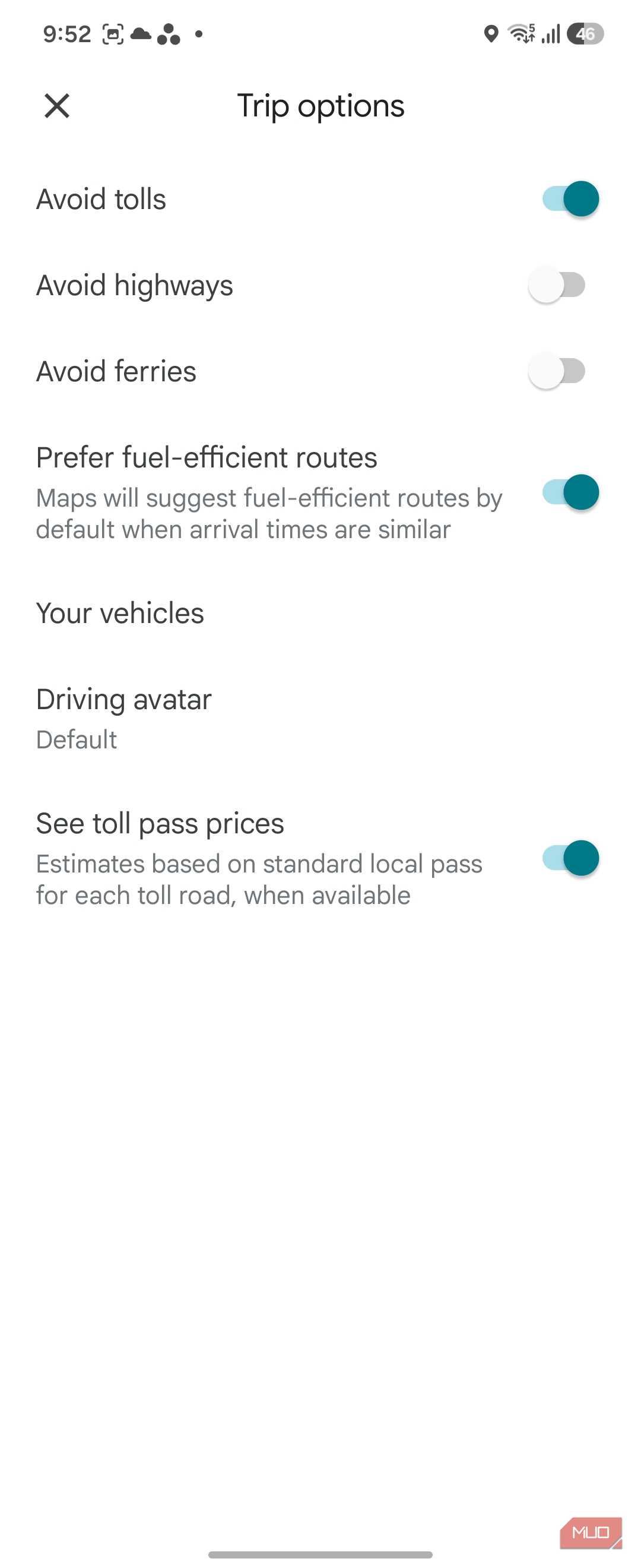 google maps trip options settings screen with toggles