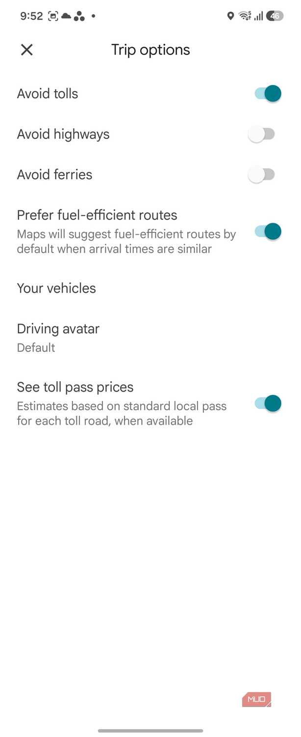 google maps trip options settings screen with toggles