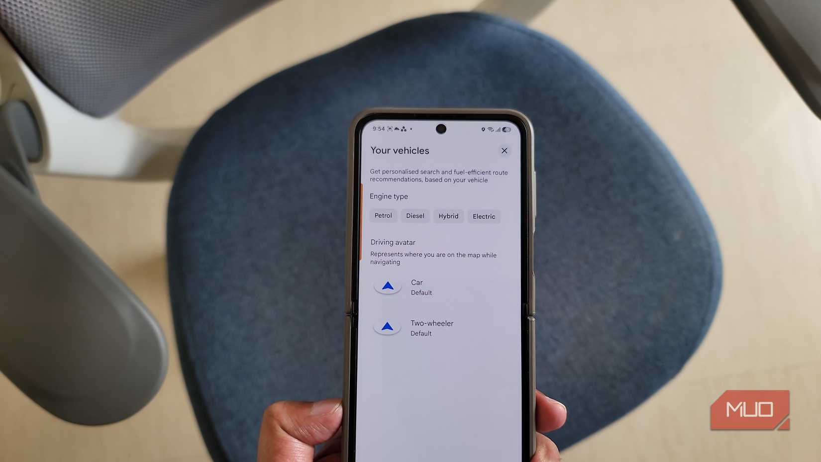 google maps your vehicles settings screen showing engine type and driving avatar options