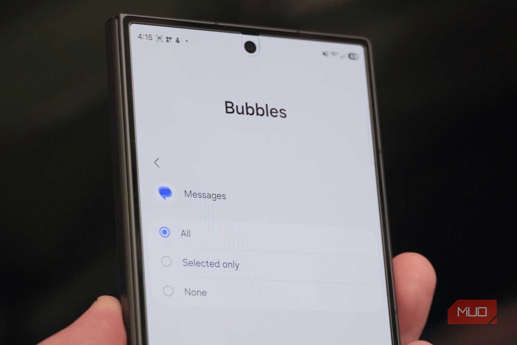 The button for turning off bubbles in Google Messages.