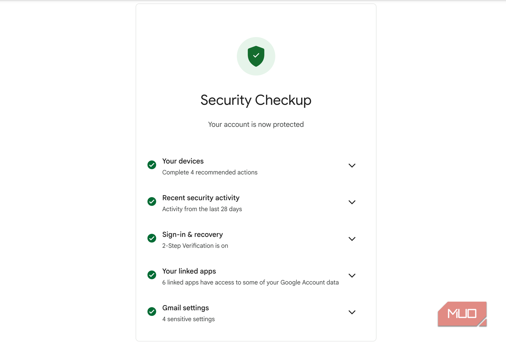 Google Security Checkup showing account protected status
