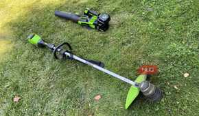 A Greenworks leaf blower and string trimmer
