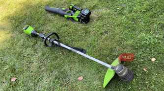 A Greenworks leaf blower and string trimmer