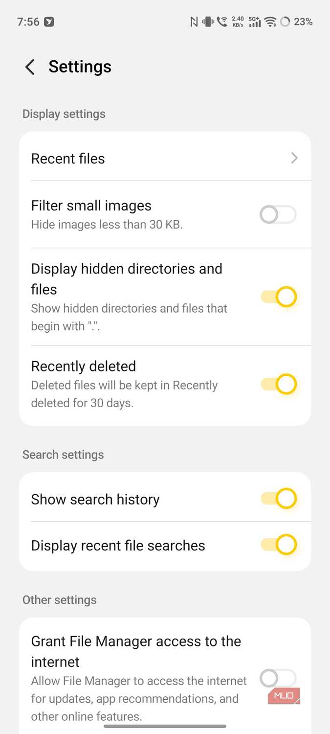 Как найти и удалить скрытые гигабайты данных на Android переключатель отображения скрытых файлов в настройках файлового менеджера