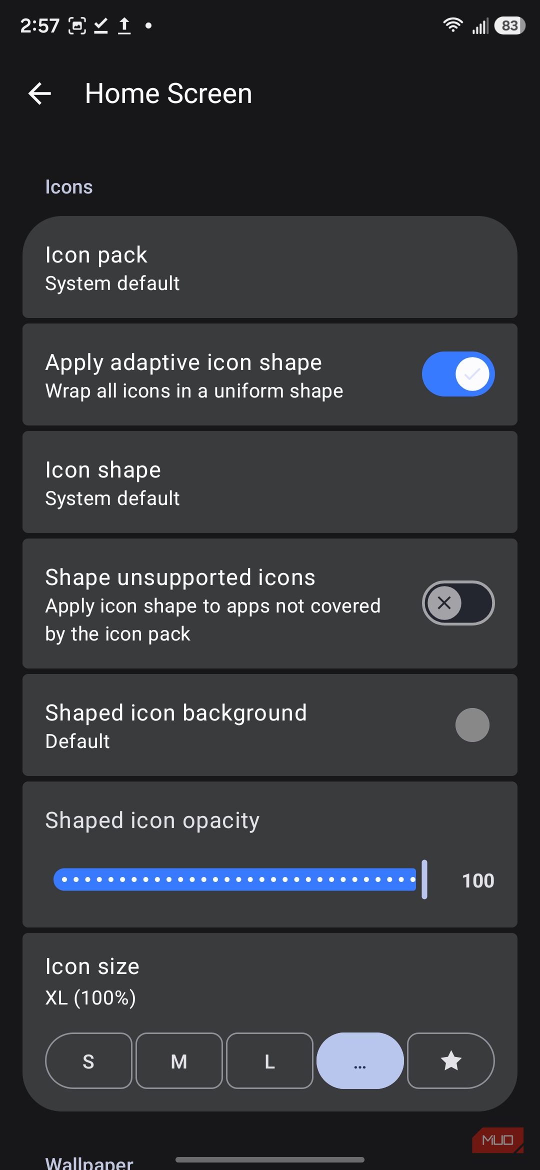 Home screen icon customization settings menu