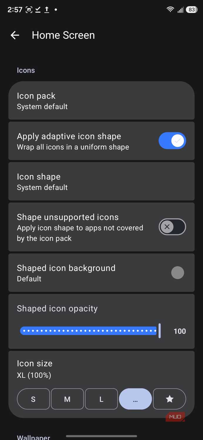 Home screen icon customization settings menu
