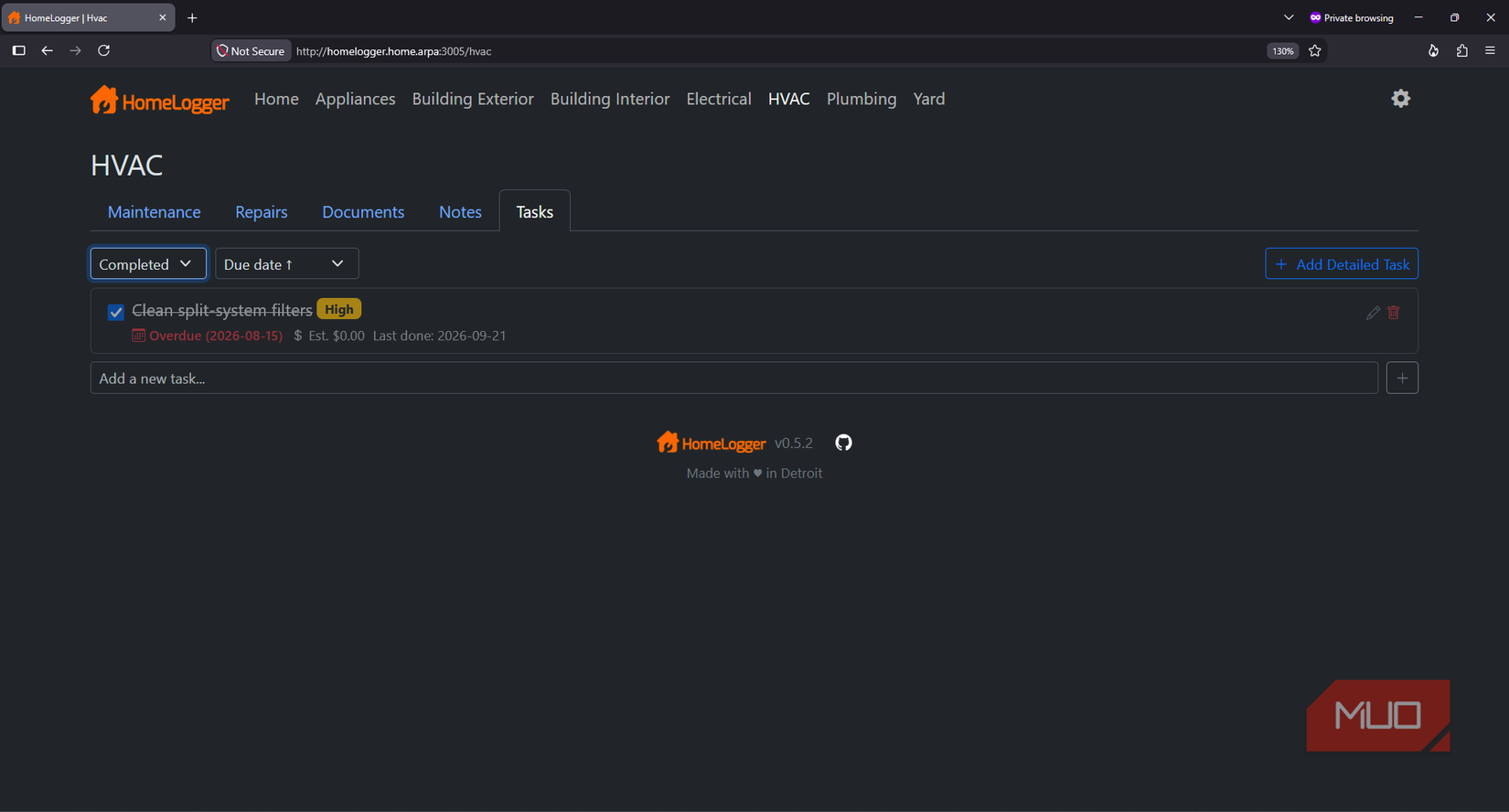 HomeLogger HVAC maintenance history showing a completed task automatically logged as maintenance