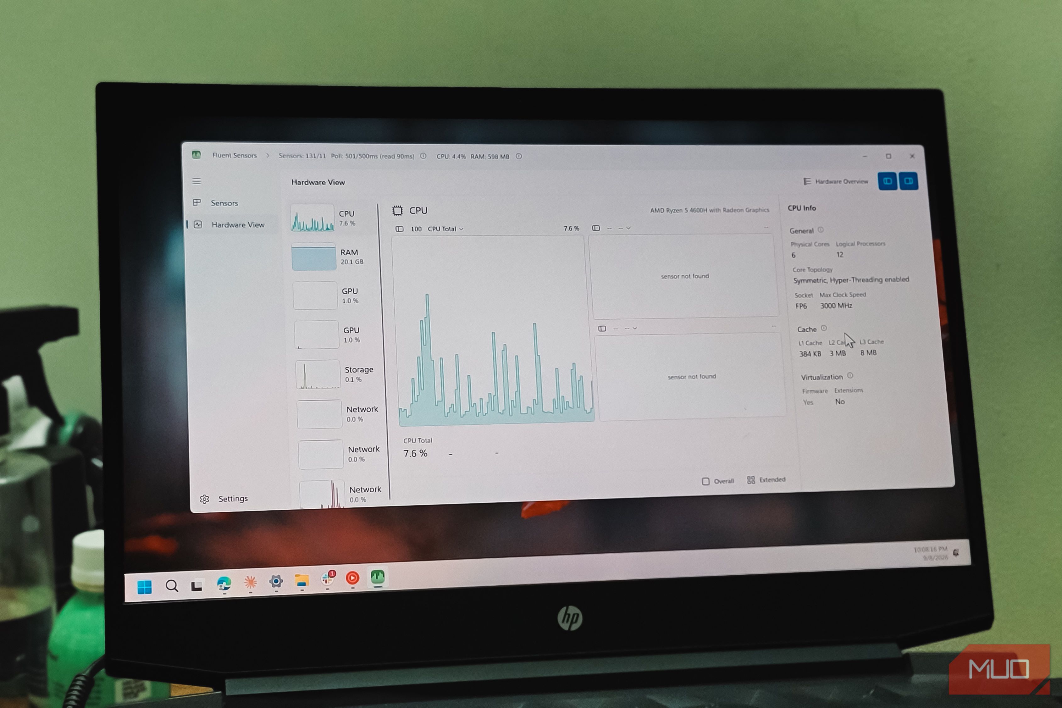 hp pavilion fluent sensor hardware view monitoring cpu ram gpu network performance