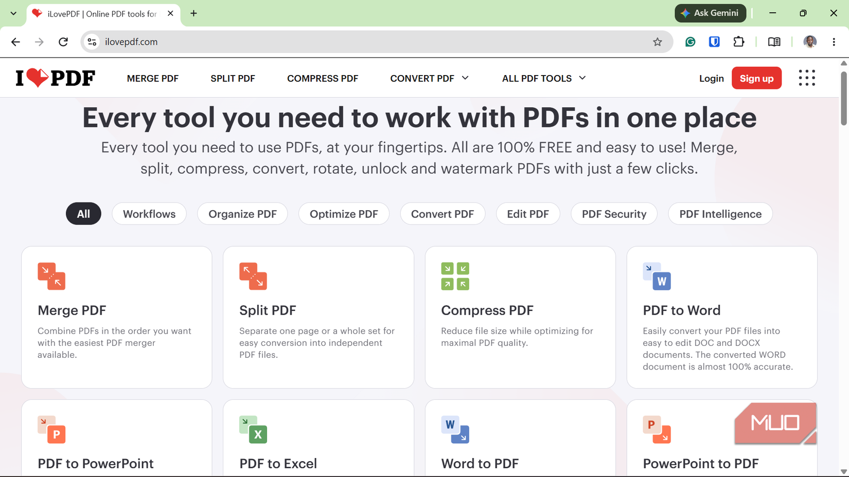 Ilovepdf website homepage with various tools