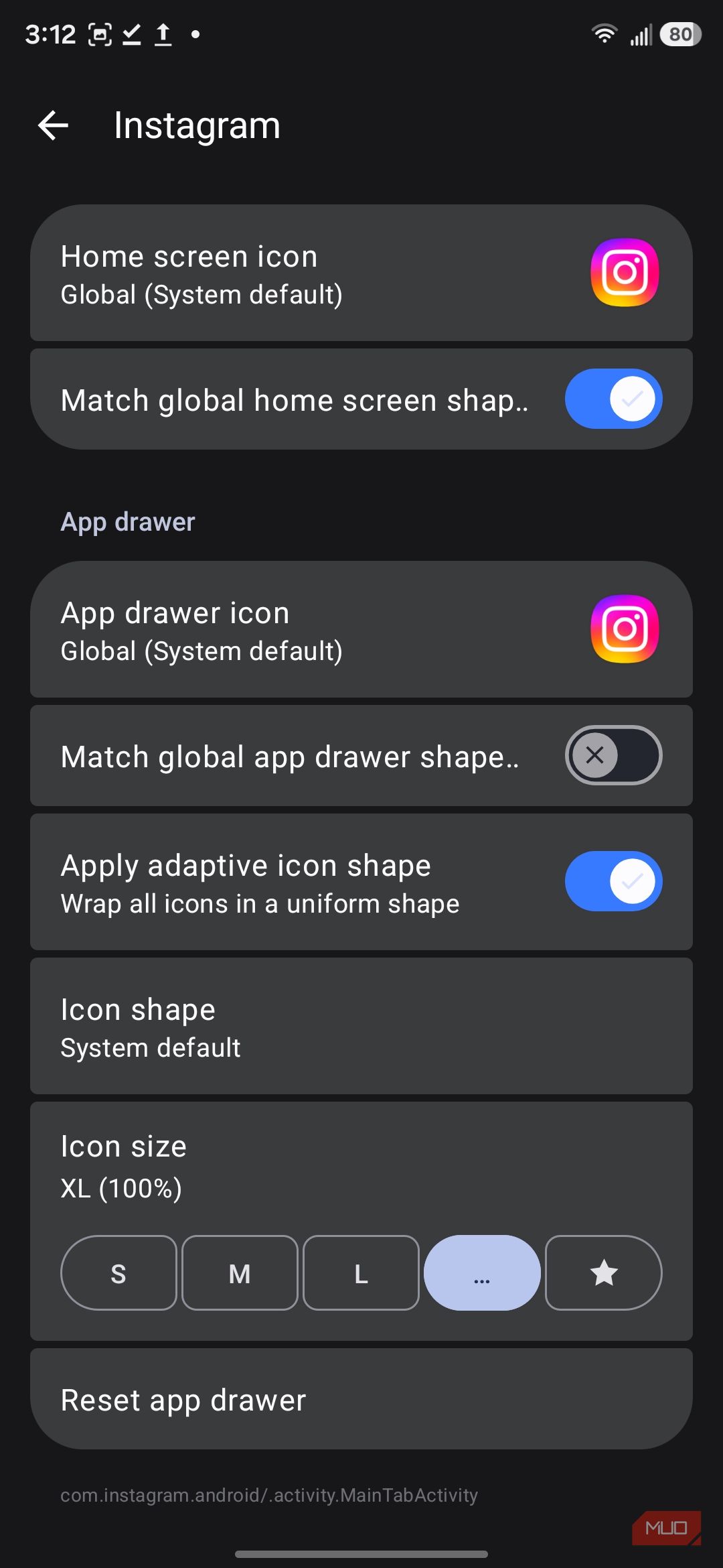 Instagram icon customization settings menu