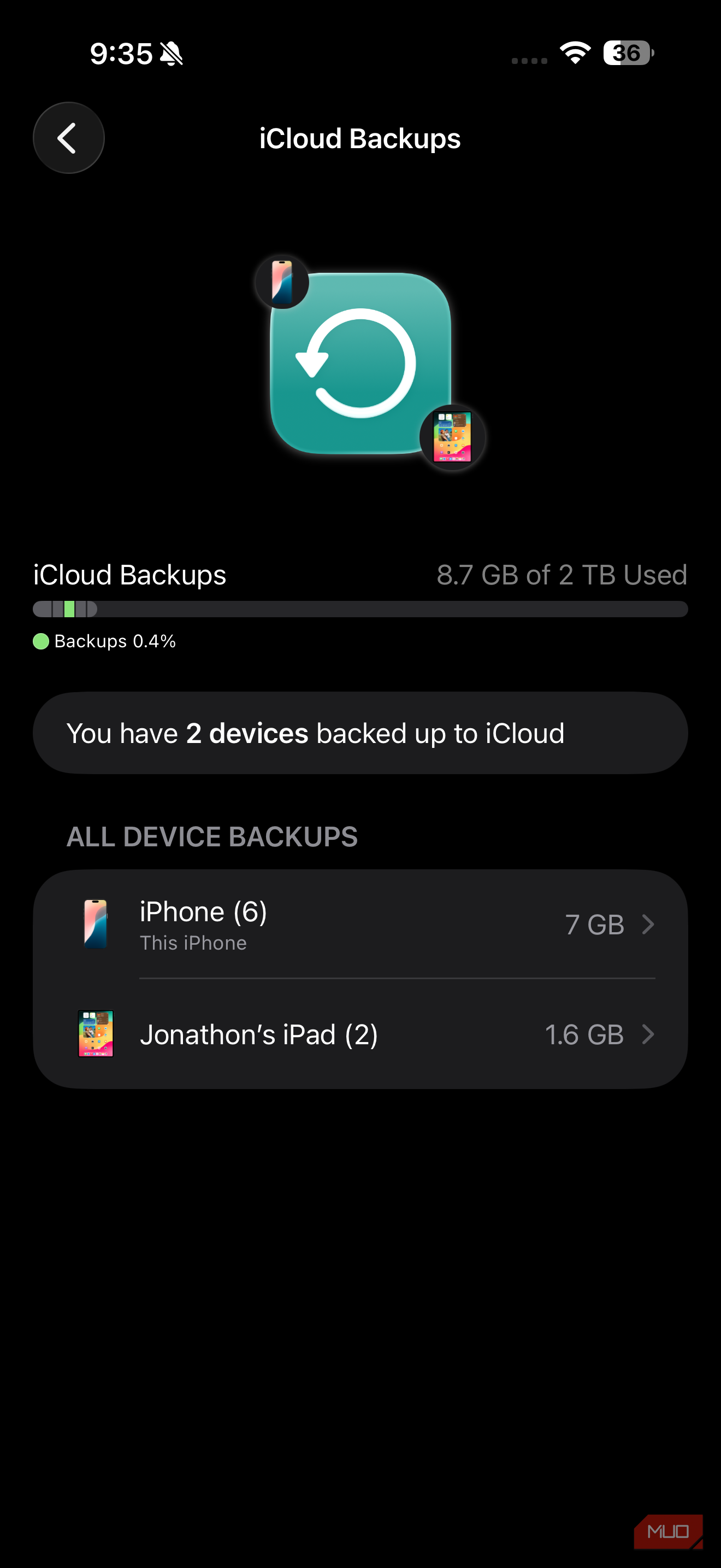 iOS iCloud backups storage menu
