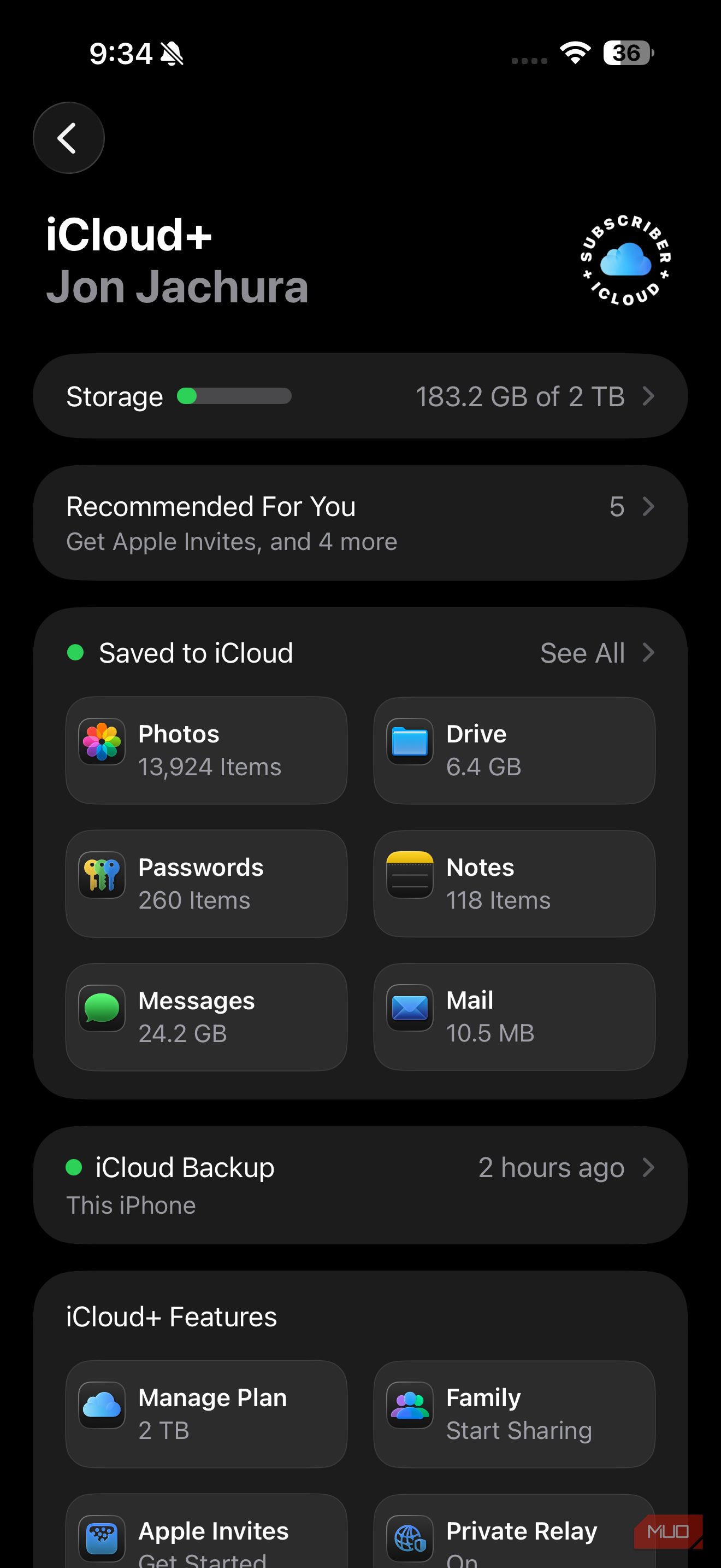 iOS iCloud settings main menu