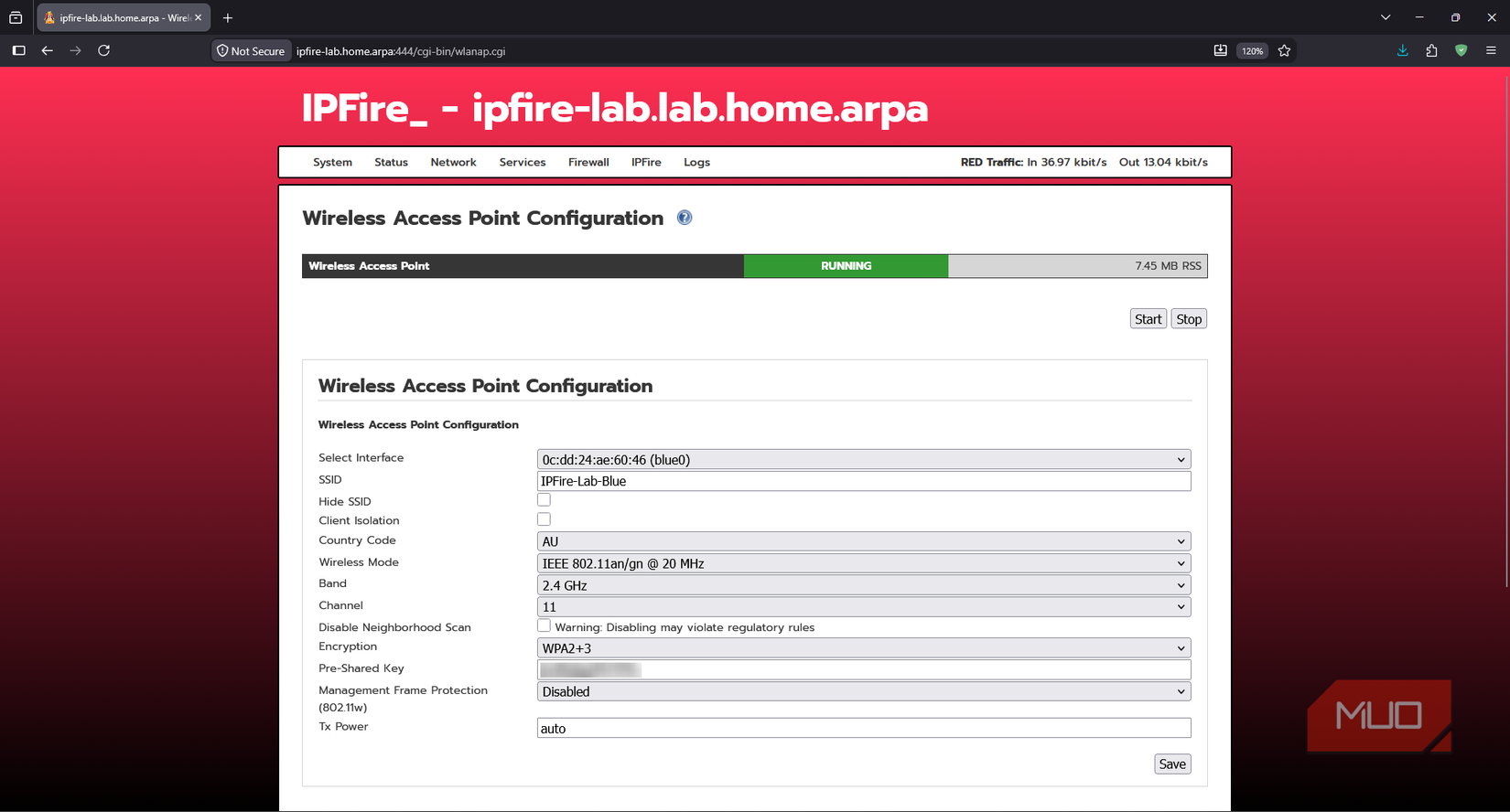 IPFire wireless settings showing the BLUE access point running on a fixed 2.4 GHz channel