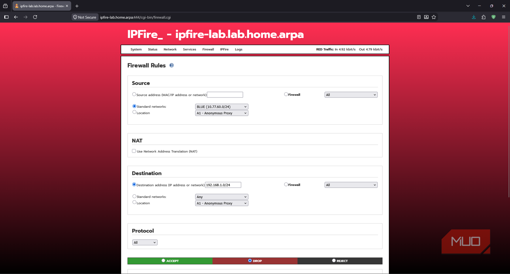 IPFire forwarding rule blocking BLUE wireless clients from reaching the 192.168.1.0/24 home LAN