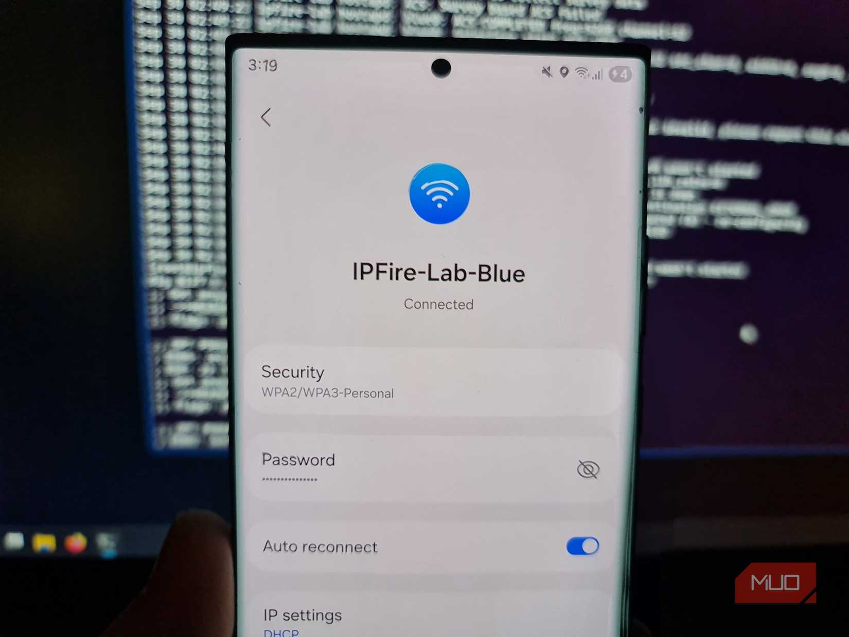 Android phone’s Wi-Fi settings showing a connection to the IPFire-Lab-Blue wireless network