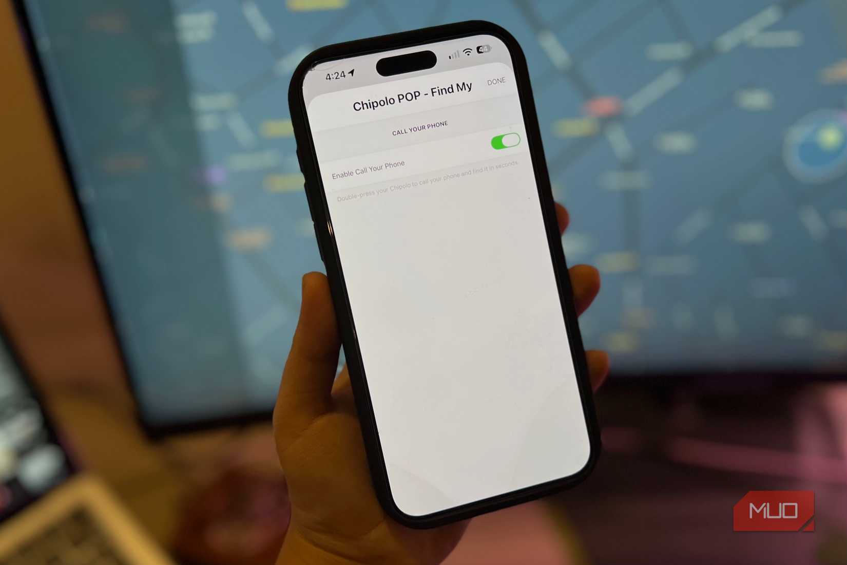 iPhone showing Chipolo POP settings with Call Your Phone on