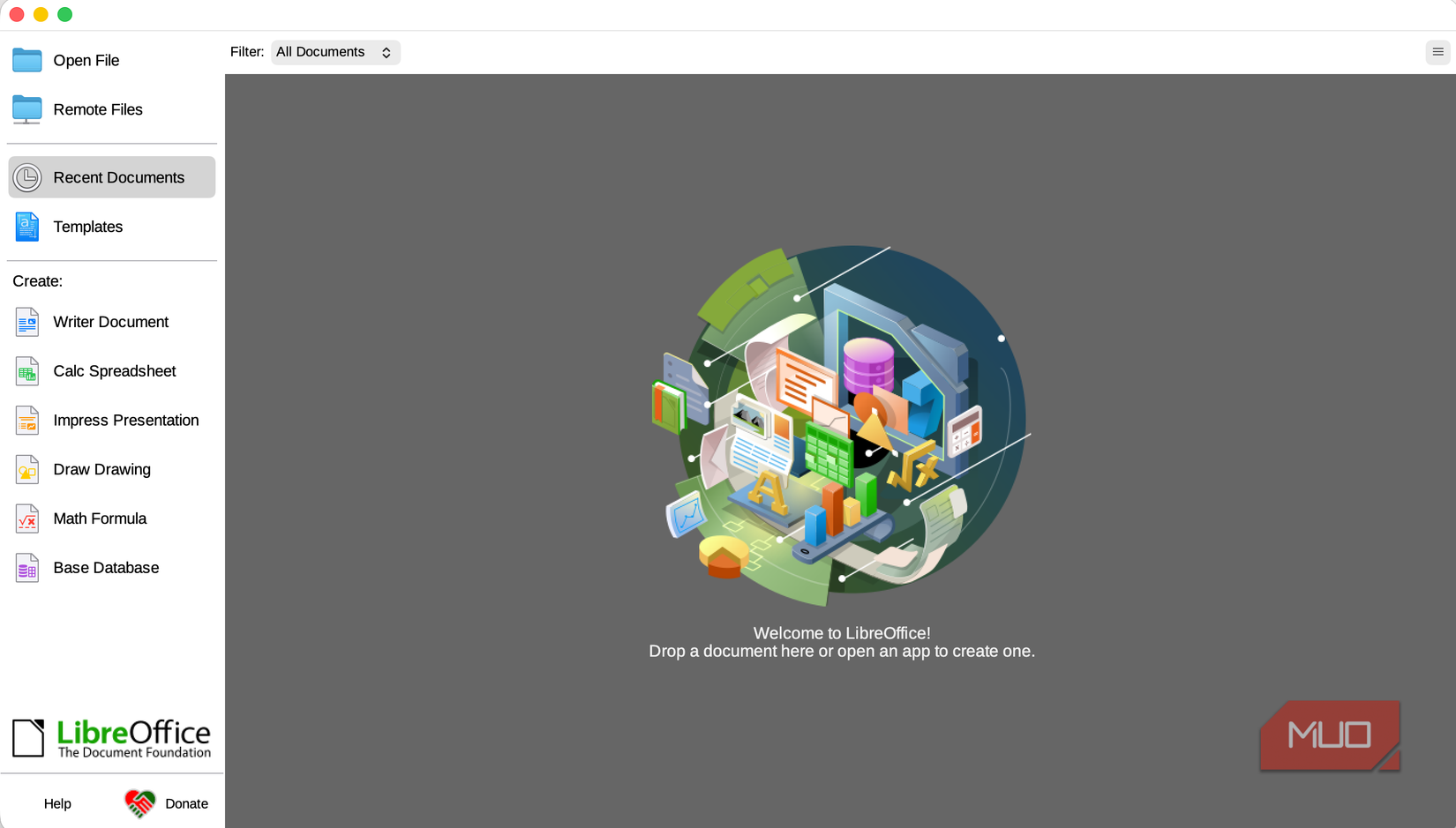 LibreOffice Start Center displaying application launcher options