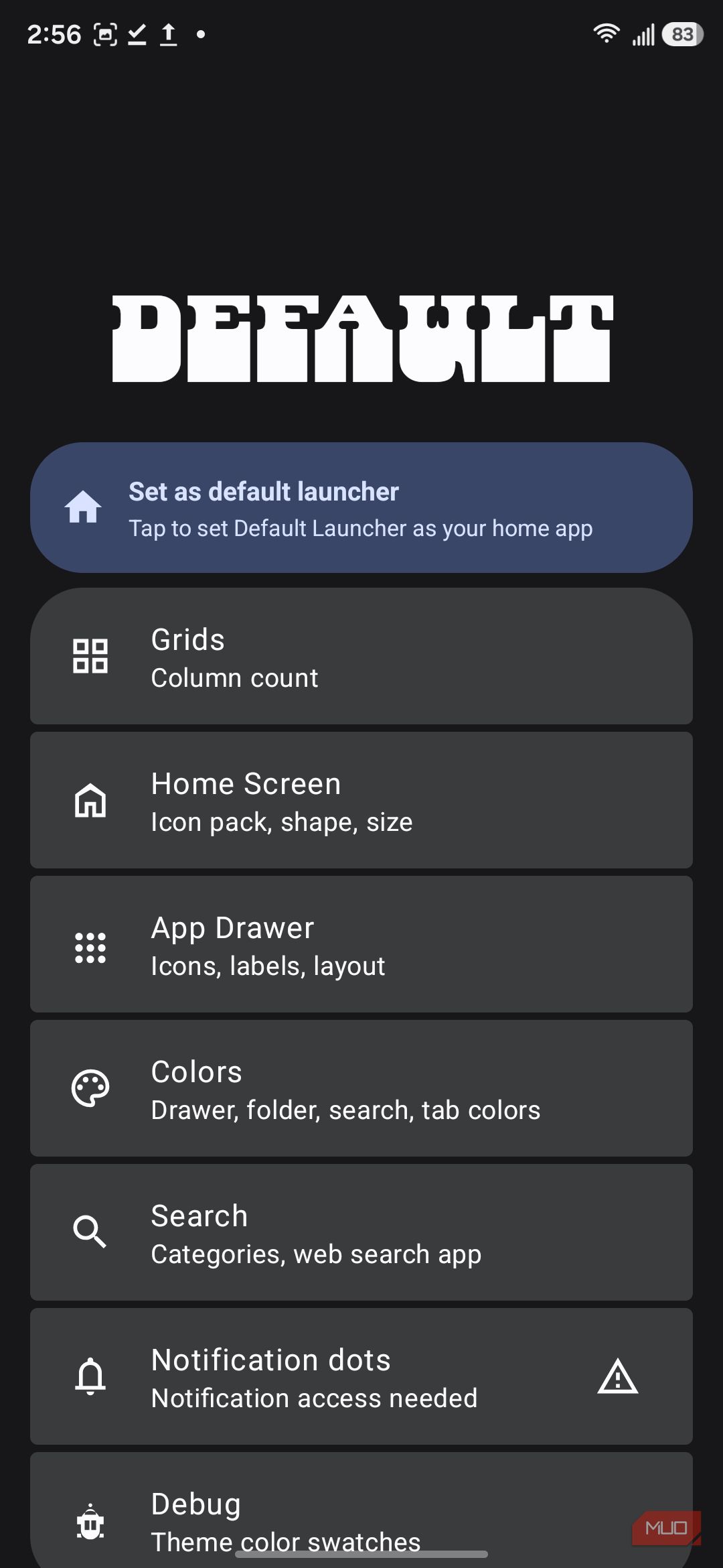 Main Default Launcher settings page