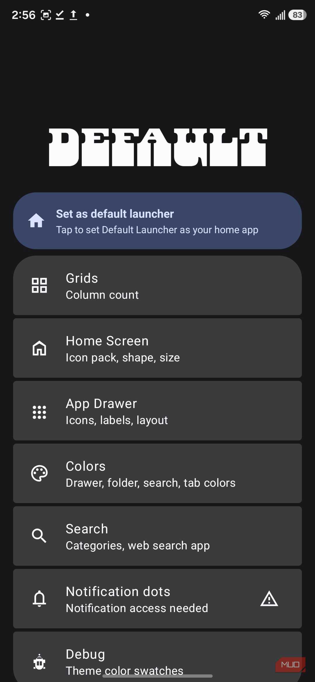 Main Default Launcher settings page