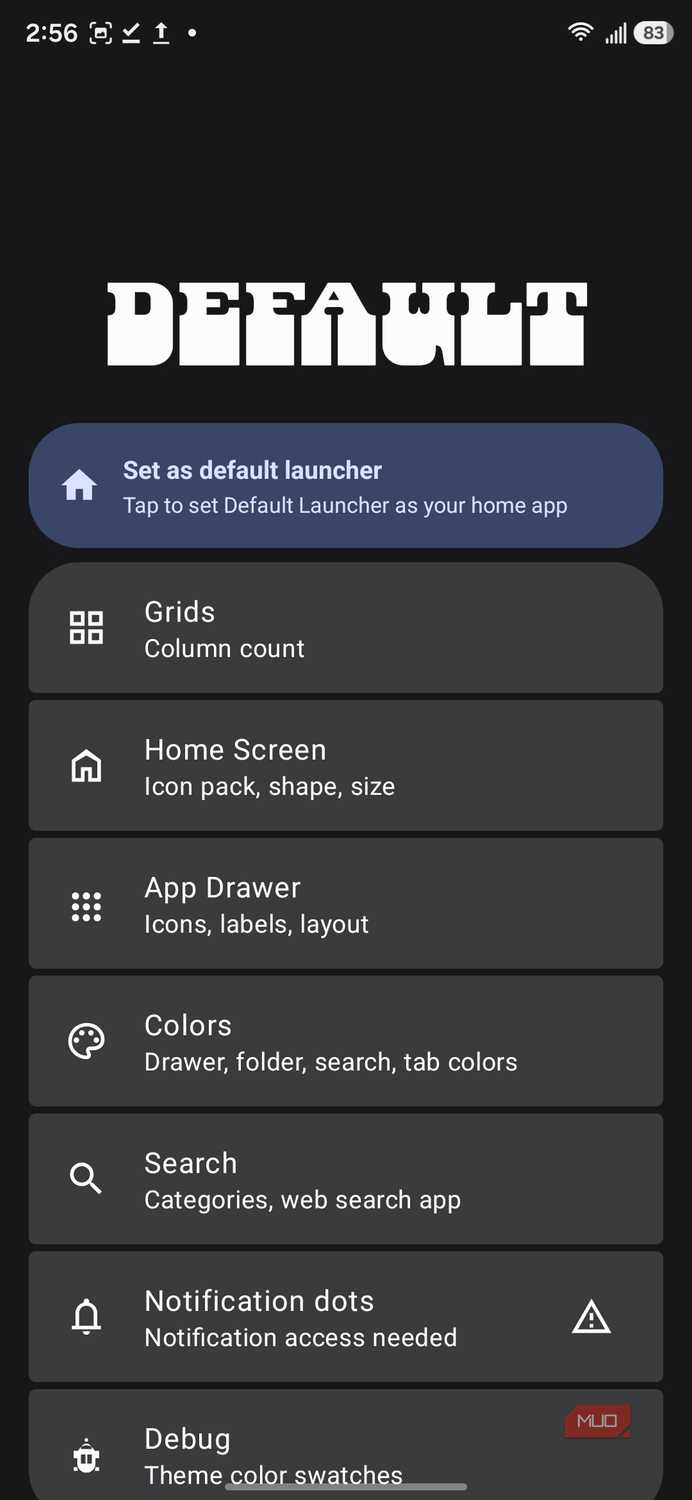 Main Default Launcher settings page