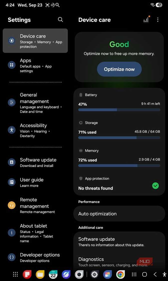 Меню параметров One UI Меню настроек функций One UI на планшете