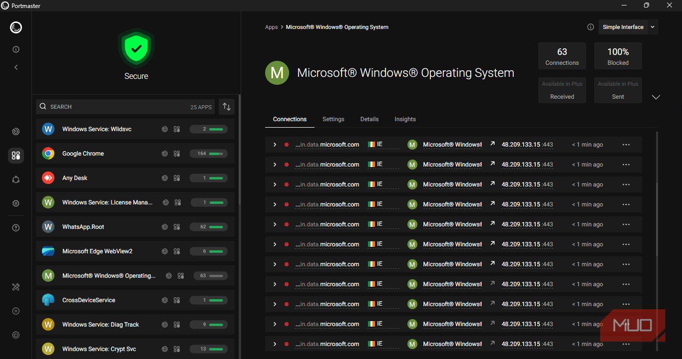 Microsoft Operarting System network connections log on Portmaster.