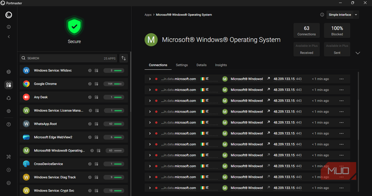 Microsoft Operarting System network connections log on Portmaster.
