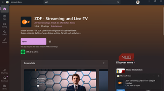 Microsoft Store showing ZDF streaming app page