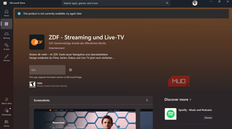 Microsoft Store showing ZDF streaming app unavailable
