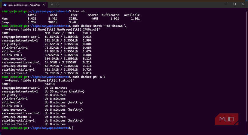 Terminal output showing 11 running Docker containers, 2.4 GiB of RAM used, and 1.0 GiB available.