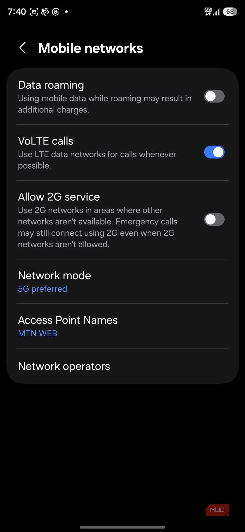 Mobile networks settings menu on smartphone