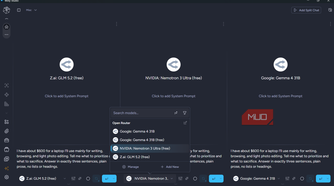 Model picker open on the middle pane of a three way split chat in Msty Studio